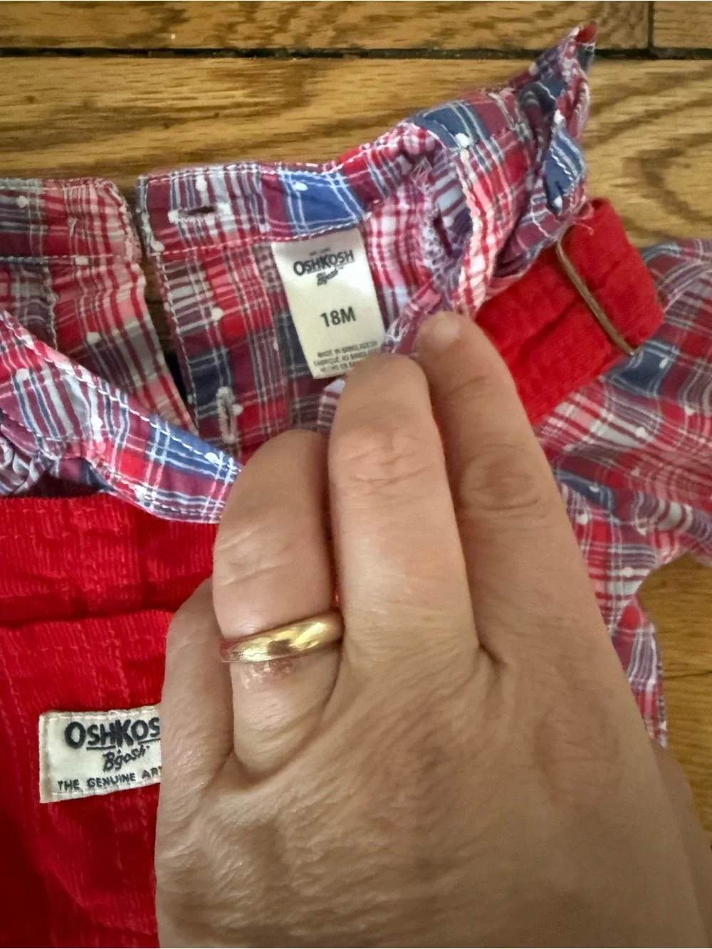 OshKosh B'gosh Red Corduroy Skirtall with Plaid Onesie - Size 18 Months